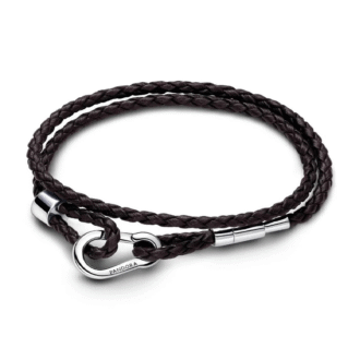 Pandora Brown Braided Double Leather Bracelet with Silver Clasp
