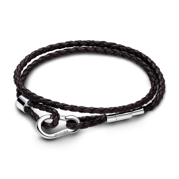 Pandora Brown Braided Double Leather Bracelet with Silver Clasp