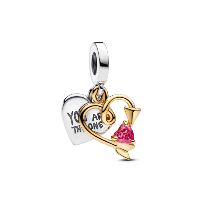 Pandora Double Heart Red CZ Dangle Charm in Gold and Two-Tone