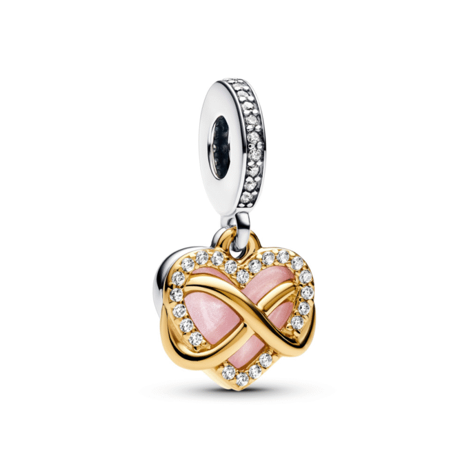 Sparkling Infinity Heart Dangle Charm in Silver and Gold