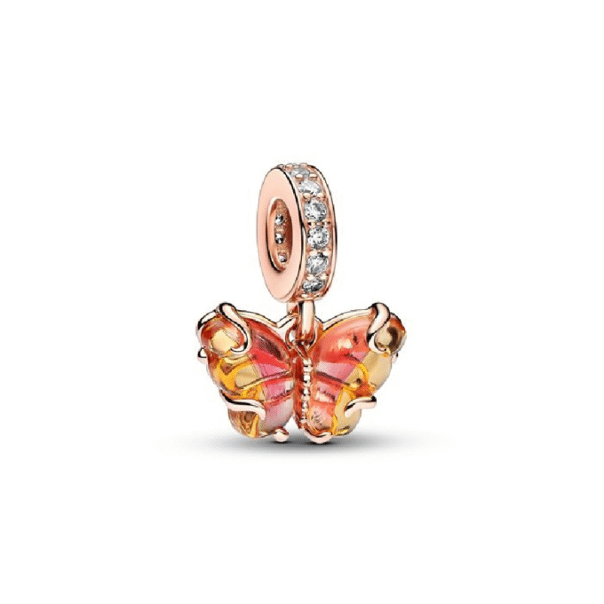 Pandora 14K Rose Gold Butterfly Charm with Orange-Pink Glass
