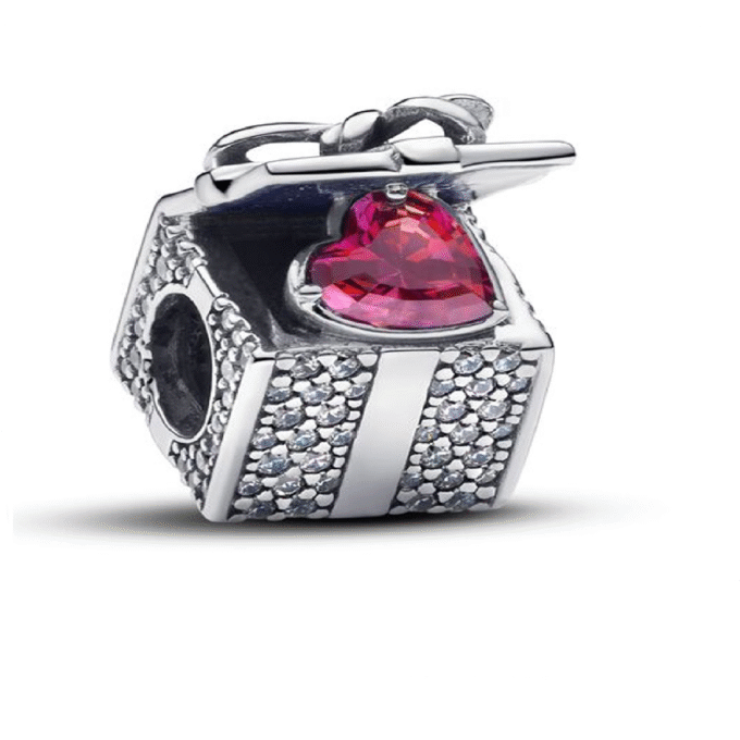 Sterling Silver Gift Box Charm with Red CZ