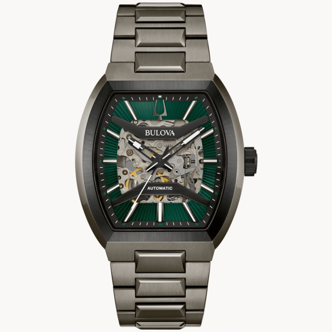 Bulova Men's Gunmetal Gray Dress Watch with Green Pattern Dial
