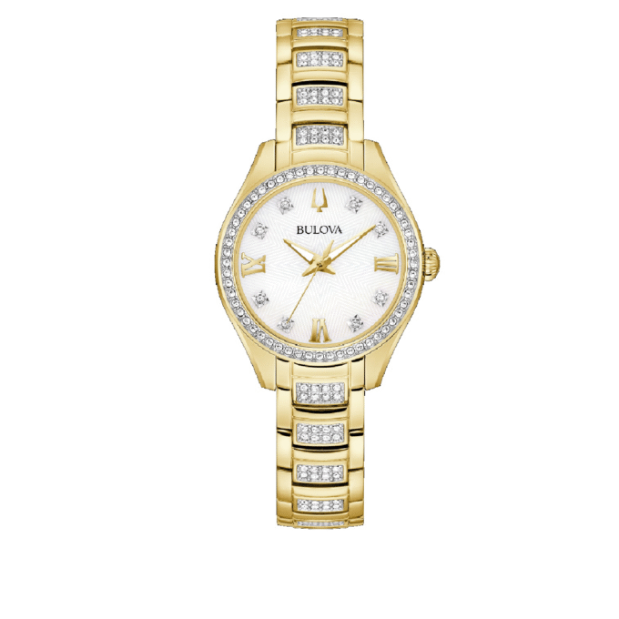 Bulova Women's Yellow Stainless Steel Dress Watch with MOP Dial and Crystal Band