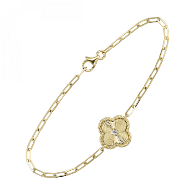 Elegant Oval Link Bracelet with Flower Design and .05ctw Diamonds in 10k Yellow Gold