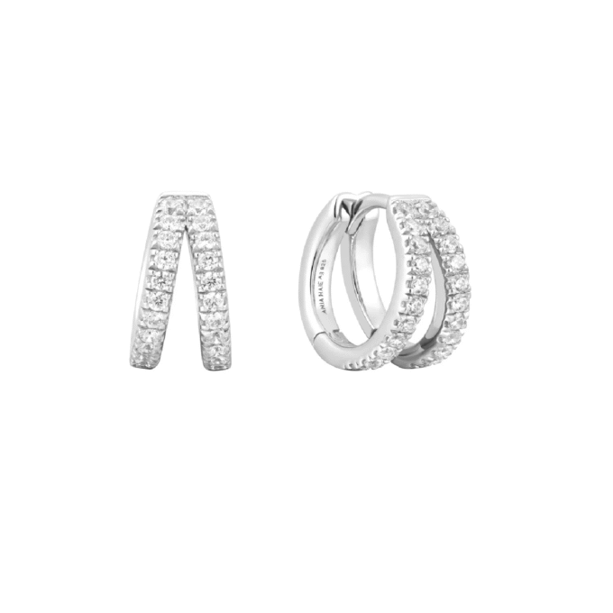 Ania Haie Silver Double CZ Huggie Hoop Earrings