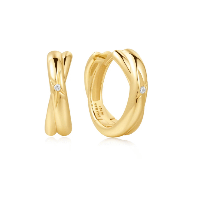 Ania Haie Criss Cross CZ Huggie Hoop Earrings in Silver and Gold