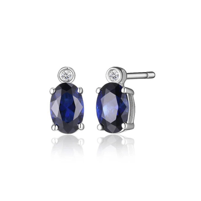 Sterling Silver Rhodium-Plated Large Diamond & Sapphire Stud Earrings