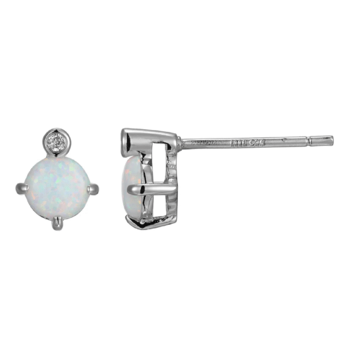 Sterling Silver Birthstone Opal & Diamond Stud Earrings