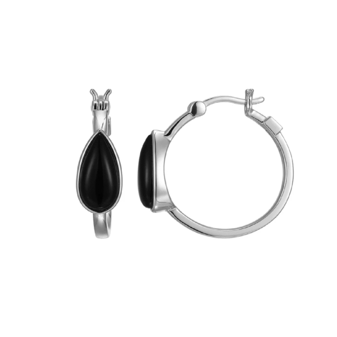 Ethereal Black Agate Hoop Earrings in Sterling Silver