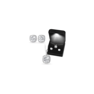 CZ Square Halo Pendant and Earring Box Set in Sterling Silver