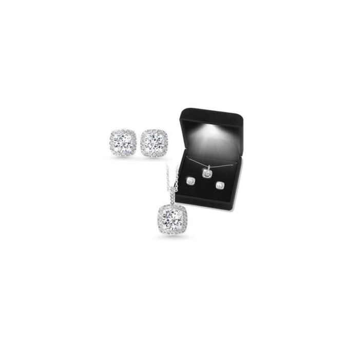 CZ Square Halo Pendant and Earring Box Set in Sterling Silver