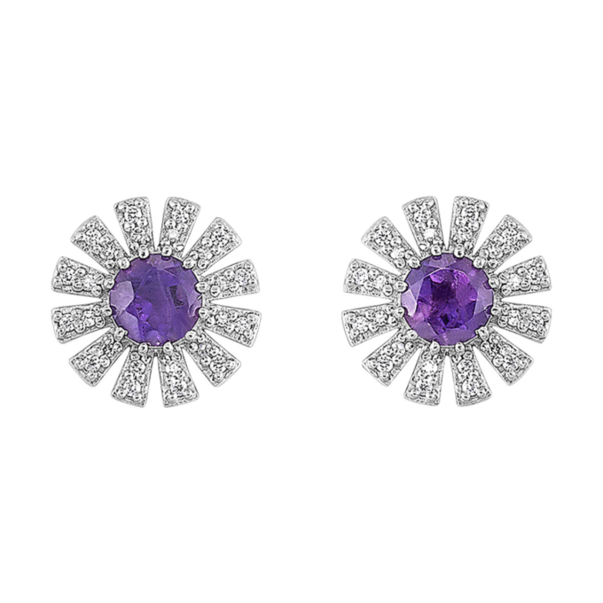 10KW Flower Stud Earrings with 48RD D=.10CTW & 2RD Amethyst