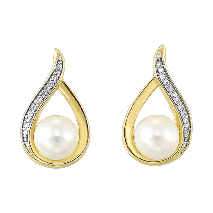 Teardrop Earrings with .02ctw Diamonds and 2 Pearls in 14k Yellow Gold