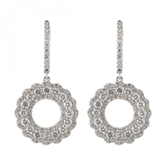 Scalloped Halo Drop Huggie Hoop Earrings with 1.25ctw Diamonds in 14k White Gold
