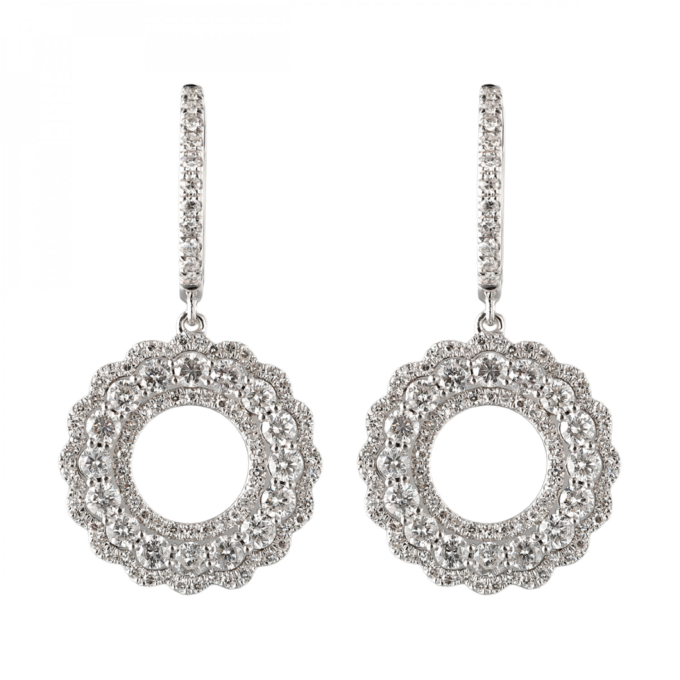 Scalloped Halo Drop Huggie Hoop Earrings with 1.25ctw Diamonds in 14k White Gold