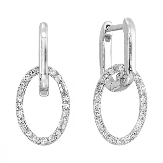 Oval Dangle Huggie Hoop Earrings with .25ctw in 10k White Gold