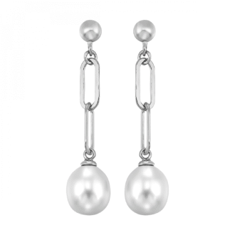 Stylish Sterling Silver Paper Clip Pearl Dangle Earrings