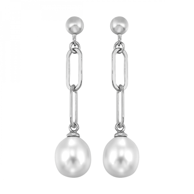 Stylish Sterling Silver Paper Clip Pearl Dangle Earrings