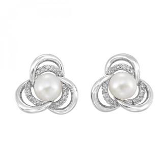 Flower Stud Earrings with Center Pearl in Sterling Silver