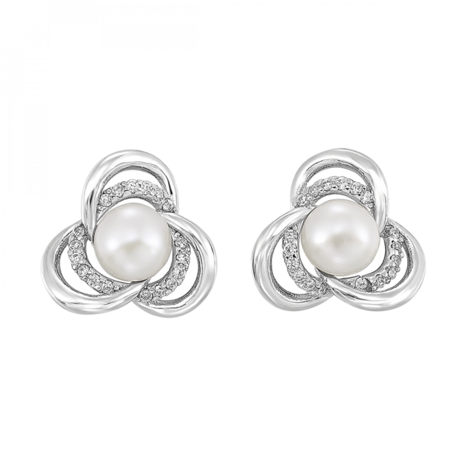 Flower Stud Earrings with Center Pearl in Sterling Silver