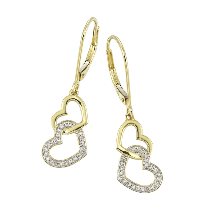 Double Heart Dangle Earrings with 1/8ctw Round Diamonds in 10k Yellow Gold