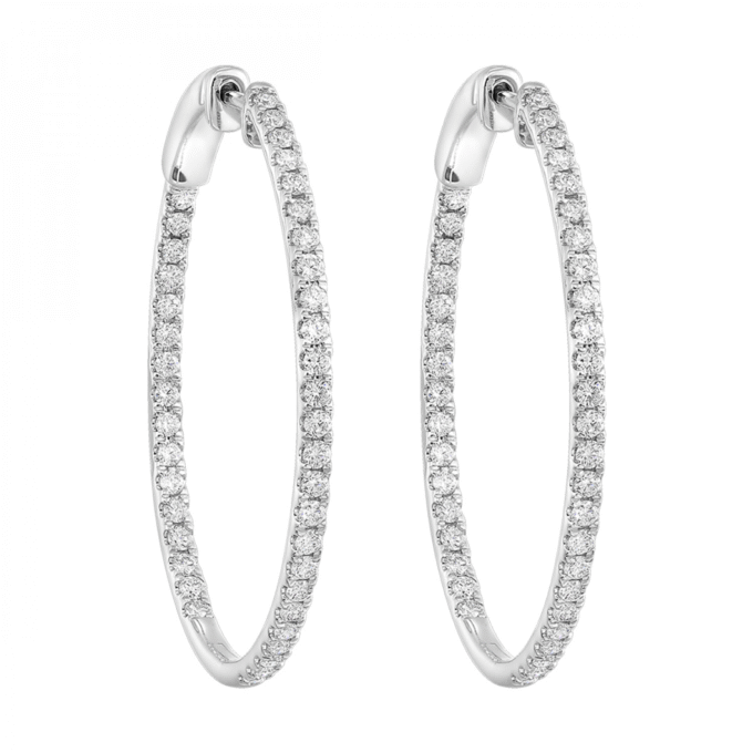 Inside Out Oval Hoop Earrings with 1.50ctw Round Diamonds in 14k White Gold