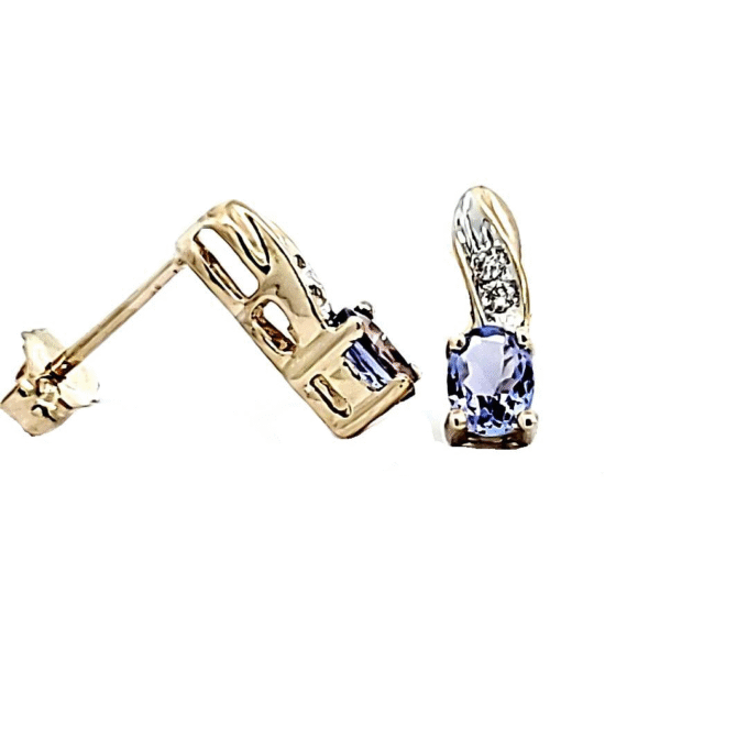 14K Yellow Gold Stud Earrings with 4 Round Diamonds & 2 Round Tanzanites