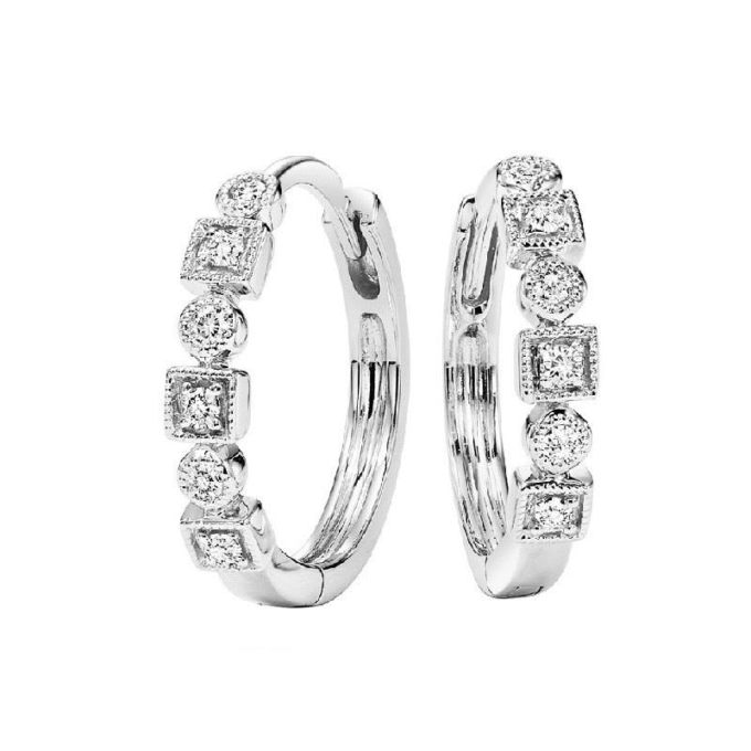 Milgrain Circle and Square Huggie Earrings with .13ctw Diamonds in 10k White Gold