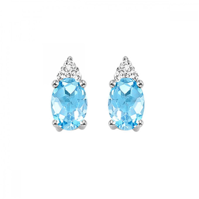 Oval Blue Topaz Stud Earrings with .04ctw Round Diamonds in 14k White Gold