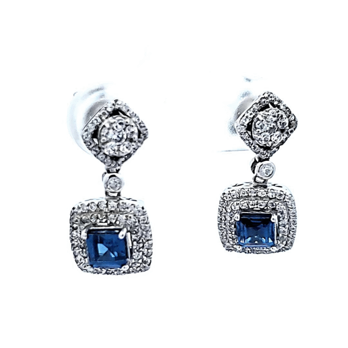 Blue Sapphire and CZ Halo Dangle Earrings in Sterling Silver