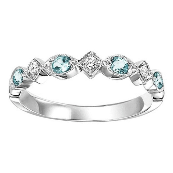 Stackable Ring with Aquamarine and .06ctw Round Diamonds in 10k White Gold