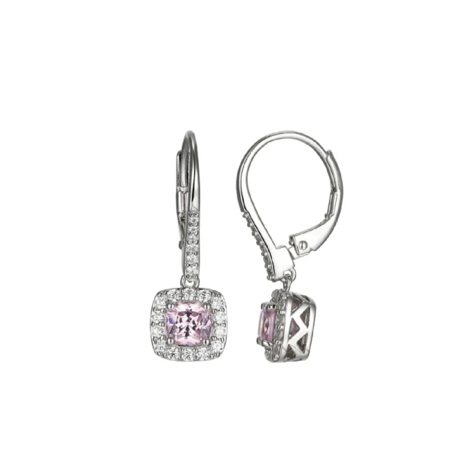 Radiant Cushion Pink & Clear Halo Dangle Earrings in Sterling Silver