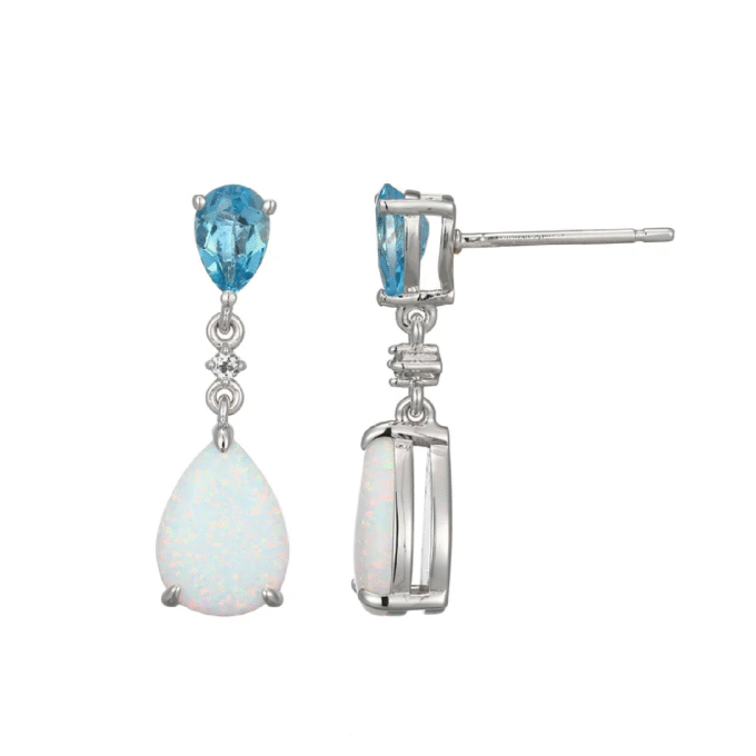 Beautiful Blue Topaz and Pear Opal Dangle Earrings in Sterling Silver