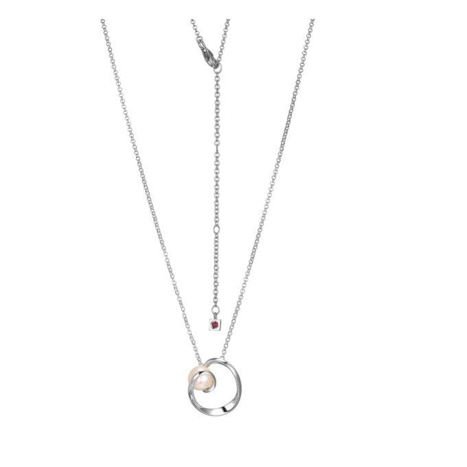 The "Luna 2.0" necklace features genuine freshwater pearls in a stunning design. Measuring 17 inches with an additional 2-inch extender, it's perfect for layering or wearing solo. Crafted in sterling silver with a chic rhodium plating for added shine, this elegant piece enhances any outfit.