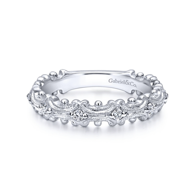 14k White Gold Stackable Band with .18ctw Round Diamond Pattern