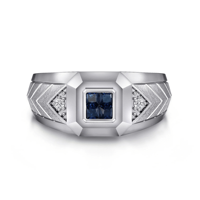 Men's Chevron Ring with Blue and White Sapphires in Silver