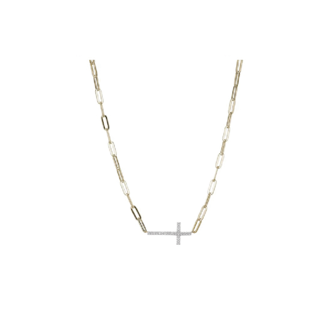 Sterling Silver and Yellow Gold Paperclip Cross Necklace 17" + 2"