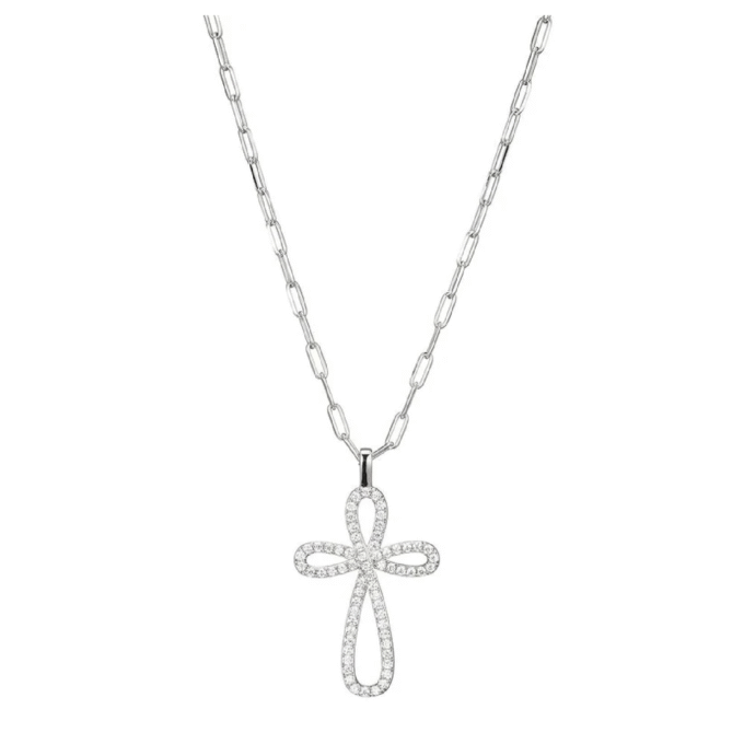 Elle CZ Cross Pendant with Paperclip Chain, 17" + 2" Length