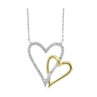Double Heart Drop Pendant Necklace with .05ctw Diamonds in 10k Yellow Gold and Silver