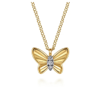 Gabriel & Co Butterfly Drop Necklace with .03ctw Round Diamonds in 14k Yellow Gold