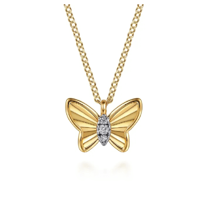 Gabriel & Co Butterfly Drop Necklace with .03ctw Round Diamonds in 14k Yellow Gold