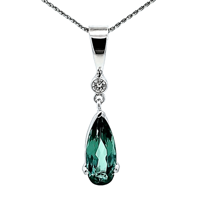 Pre-Owned Drop Pendant with Pear Indicolite Tourmaline and .10ctw Diamonds in 14k White Gold