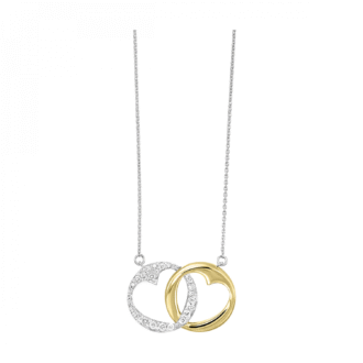 Double Heart Necklace with .20ctw Round Diamonds in 10k Yellow Gold and Sterling Silver