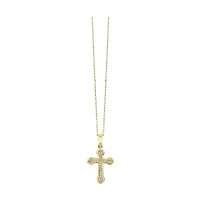 Flared Ends Cross Pendant with .10ctw Round Diamonds in 14k Yellow Gold
