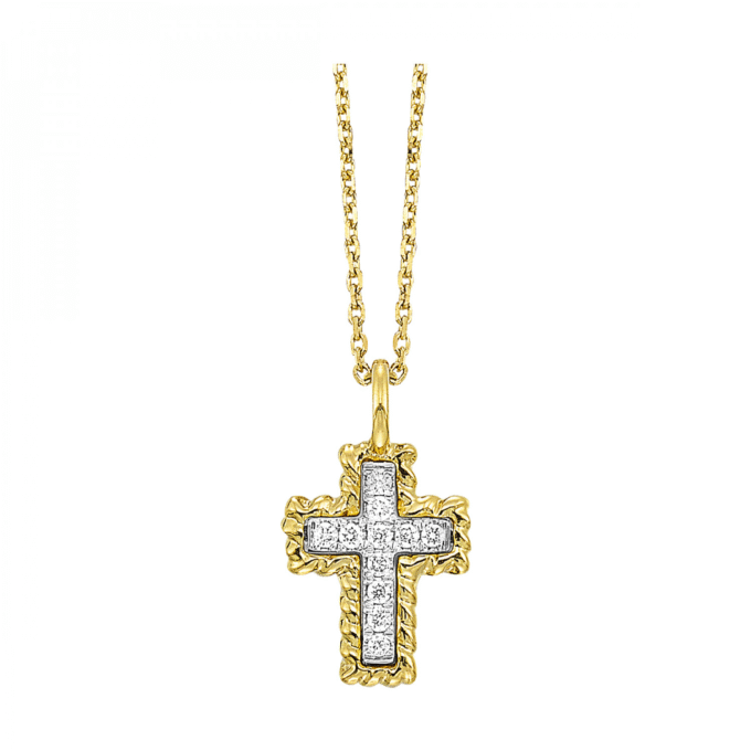 Rope Edge Cross Pendant with .05ctw Round Diamonds in 14k Gold