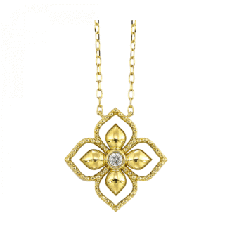 Beaded Flower Drop Necklace with .05ct Round Diamond in 14k Yellow Gold