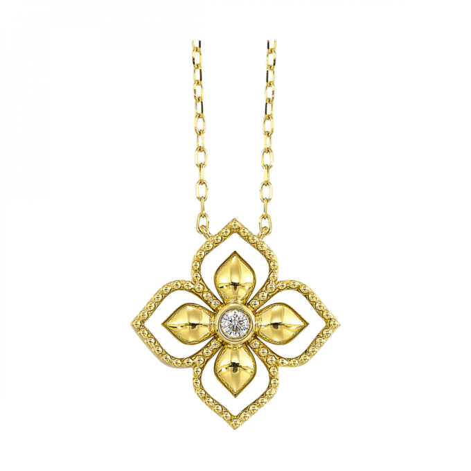 Beaded Flower Drop Necklace with .05ct Round Diamond in 14k Yellow Gold