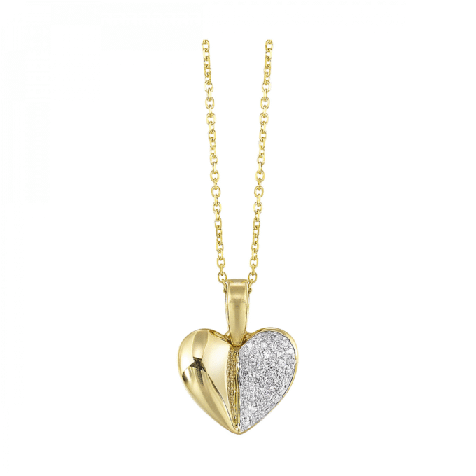 Puffy Heart Drop Necklace with .10ctw Round Diamonds in 10k Yellow Gold