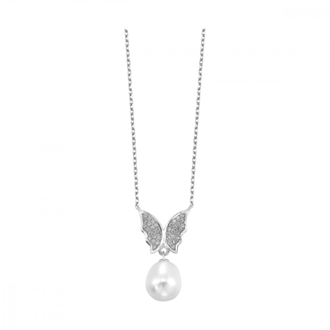 Sterling Silver CZ Butterfly Pendant with Dangle Pearl Drop